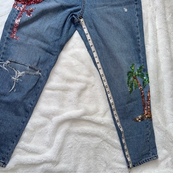 Topshop Flamingo Sequin Moto Mom Jeans Size 30 High Waisted Denim Fun Palm Tree - Picture 13 of 13